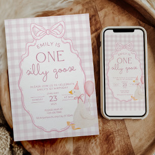 One Silly Goose Birthday Invite Pink Gingham