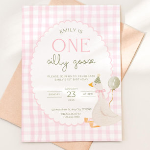 One Silly Goose Birthday Invite Pink Gingham First