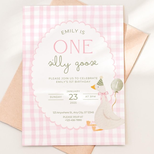 One Silly Goose Birthday Invite Pink Gingham First (Creator Uploaded)