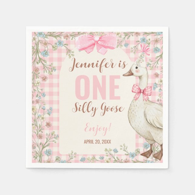 One Silly Goose Birthday Pink Gingham  Napkins (Front)
