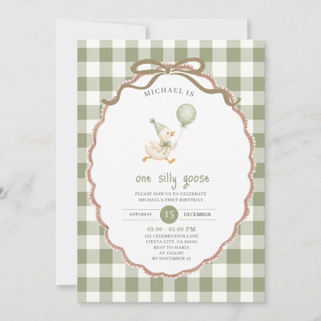 One Silly Goose Birthday Sage Green Gingham Invitation (Front)