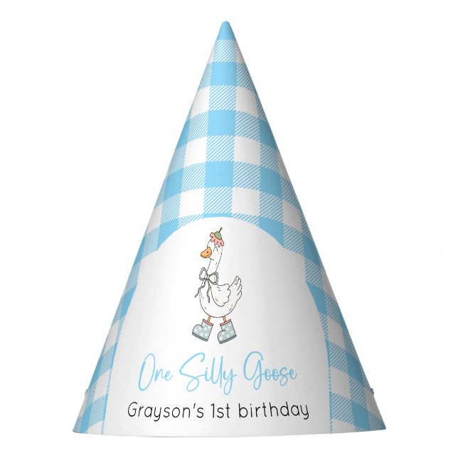 One Silly Goose Blue 1st Birthday Party Hat (Front)