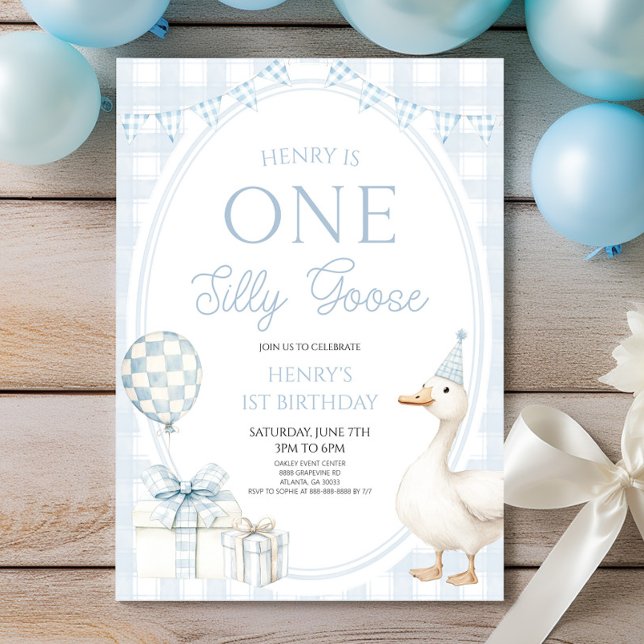 ONE Silly Goose Blue 1st Birthday Party Invitation (Creator Uploaded)