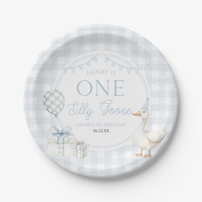 ONE Silly Goose Blue 1st Birthday Party Paper Plates (Front)
