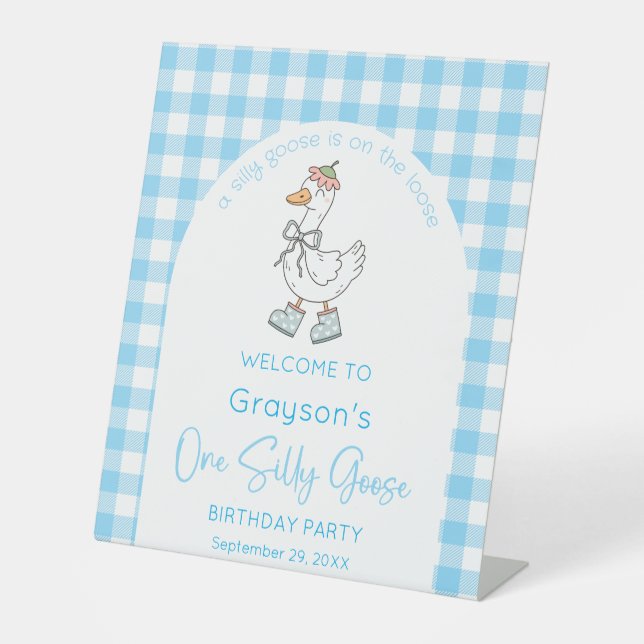 One Silly Goose Blue 1st Birthday Pedestal Sign (Front)