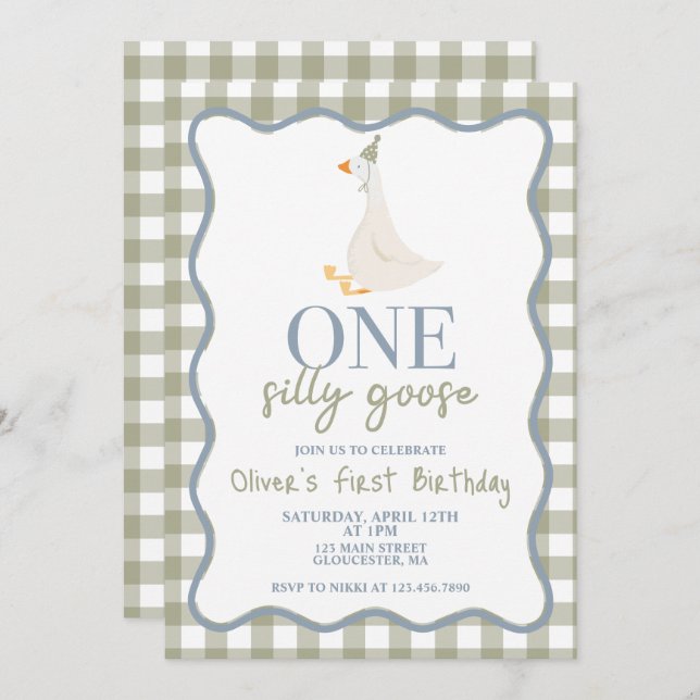 One Silly Goose blue and green Invitation (Front/Back)