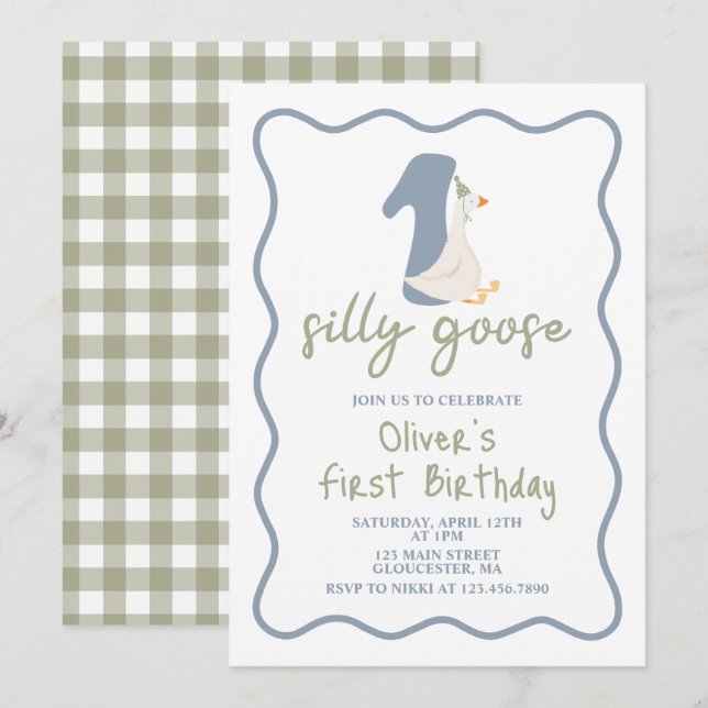 One Silly Goose blue and green Invitation (Front/Back)