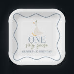 One Silly Goose blue and green Paper Plates<br><div class="desc">One silly goose! first birthday with goose,  dusty blue and sage green.</div>