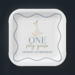 One Silly Goose blue and green Paper Plates<br><div class="desc">One silly goose! first birthday with goose,  dusty blue and sage green.</div>