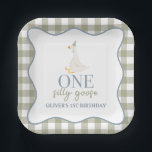 One Silly Goose blue and green Paper Plates<br><div class="desc">One silly goose! first birthday with goose,  dusty blue and sage green.</div>