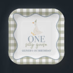 One Silly Goose blue and green Paper Plates<br><div class="desc">One silly goose! first birthday with goose,  dusty blue and sage green.</div>