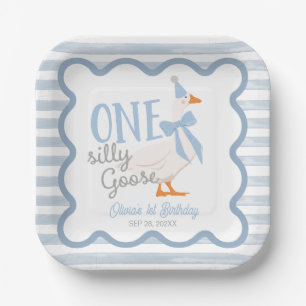 One Silly Goose Blue Bow 1st Birthday Cake Paper Plates