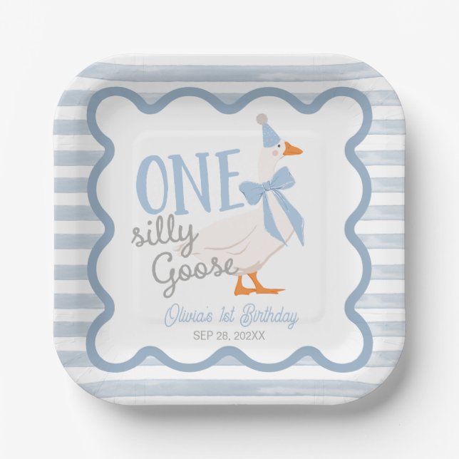 One Silly Goose Blue Bow 1st Birthday Cake Paper Plates (Front)