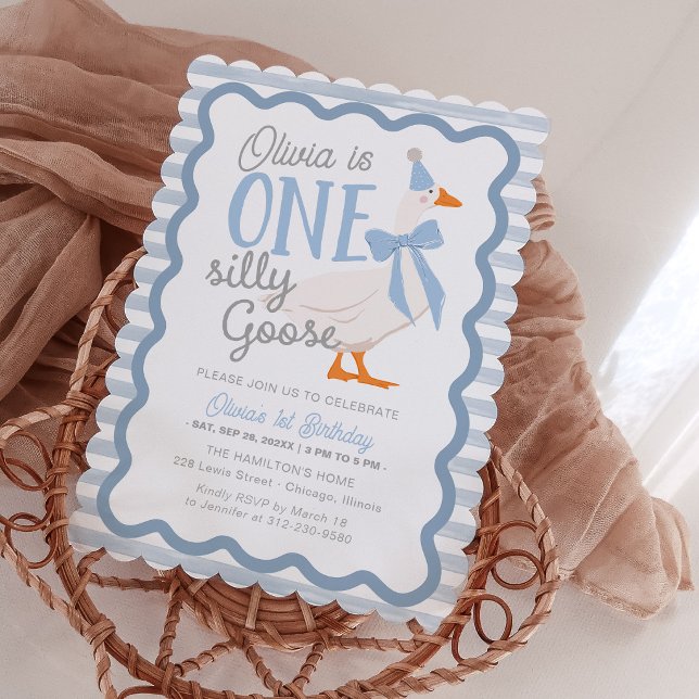 One Silly Goose Blue Bow 1st Birthday Invitation (Creator Uploaded)