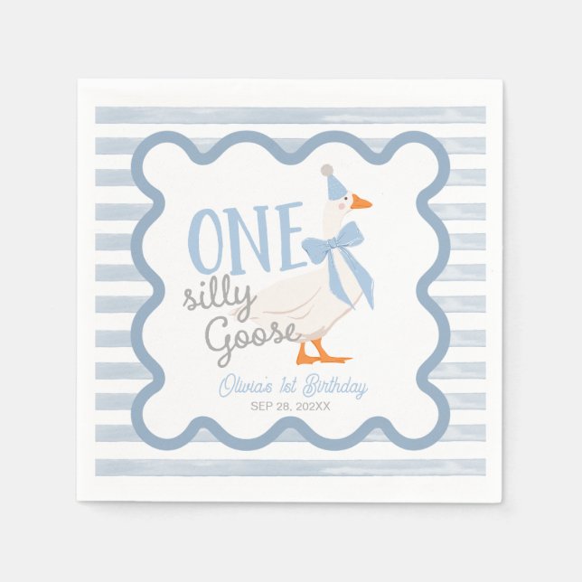 One Silly Goose Blue Bow 1st Birthday Napkins (Front)