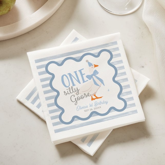 One Silly Goose Blue Bow Boy 1st Birthday Napkins (Creator Uploaded)
