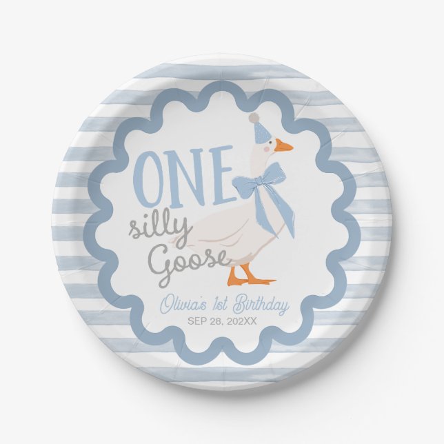 One Silly Goose Blue Bow Boy 1st Birthday Paper Plates (Front)