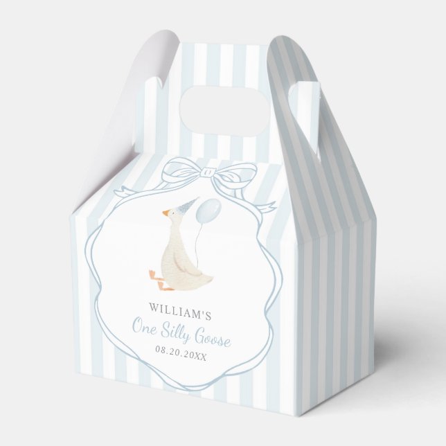 One Silly Goose Blue Bow First Birthday Favor Boxes (Front Side)