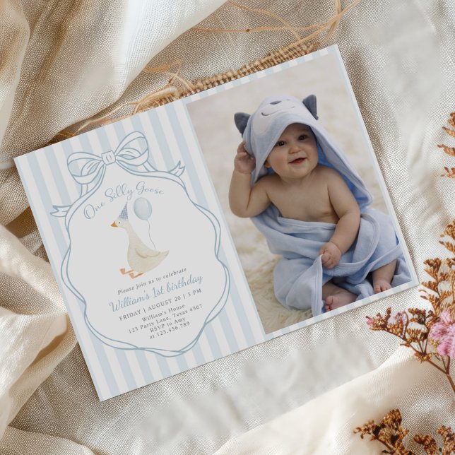 One Silly Goose Blue Bow First Birthday Photo Invitation (Creator Uploaded)