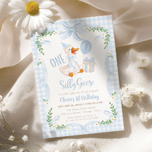One Silly Goose Blue Bow Floral 1st Birthday Invitation