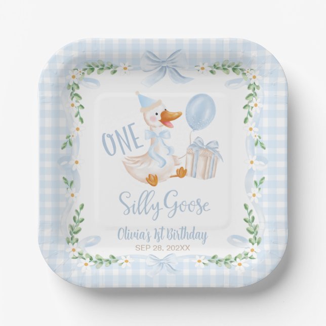 One Silly Goose Blue Bow Floral 1st Birthday Paper Plates (Front)