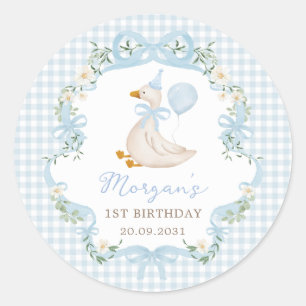 One Silly Goose Blue Bow Floral 1st Birthday Party Classic Round Sticker