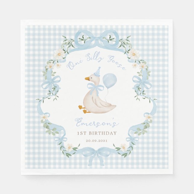 One Silly Goose Blue Bow Gingham 1st Birthday Napkins (Front)