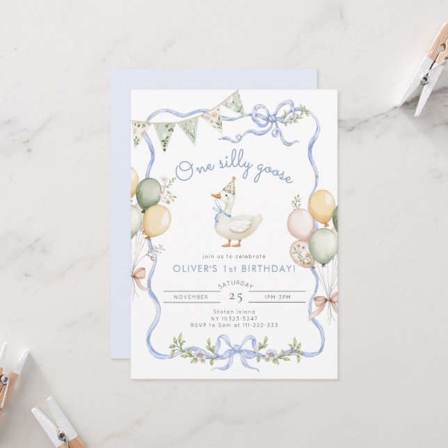One Silly Goose Blue Boy 1st Birthday Invitation | Zazzle