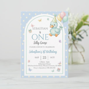 One Silly Goose Blue Boy 1st Birthday Invitation