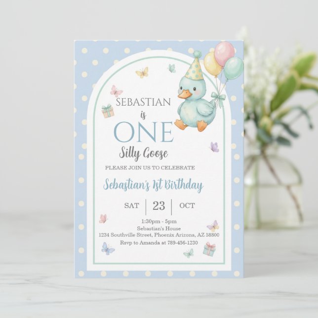One Silly Goose Blue Boy 1st Birthday Invitation (Standing Front)