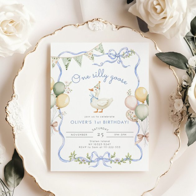 One Silly Goose Blue Boy 1st Birthday Invitation | Zazzle
