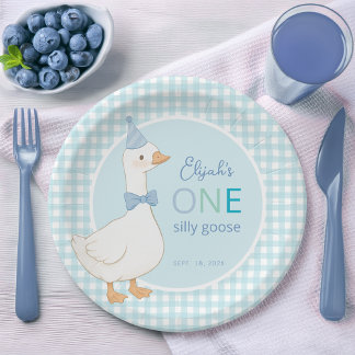 One Silly Goose Blue Boy First Birthday Party Hat Paper Plates