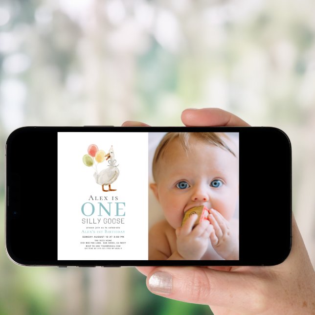 One Silly Goose Blue Boy Photo 1st Birthday Invitation (Front Digital)