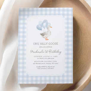 One Silly Goose Blue Gingham 1st Birthday Invitation