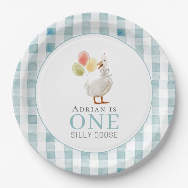 One Silly Goose Blue Gingham 1st Birthday Paper Plates (Front)