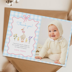 One Silly Goose Blue Gingham 1st Birthday Photo Thank You Card