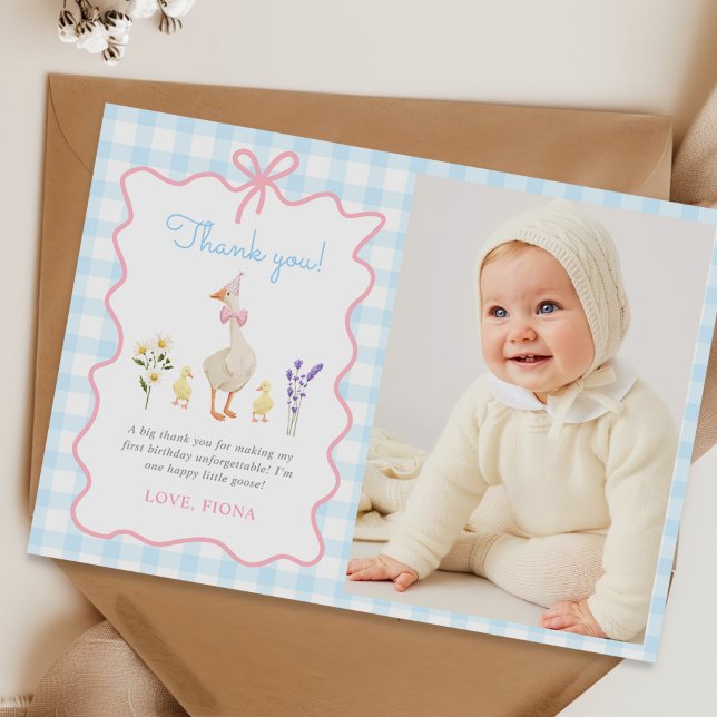 One Silly Goose Blue Gingham 1st Birthday Photo Thank You Card (Creator Uploaded)