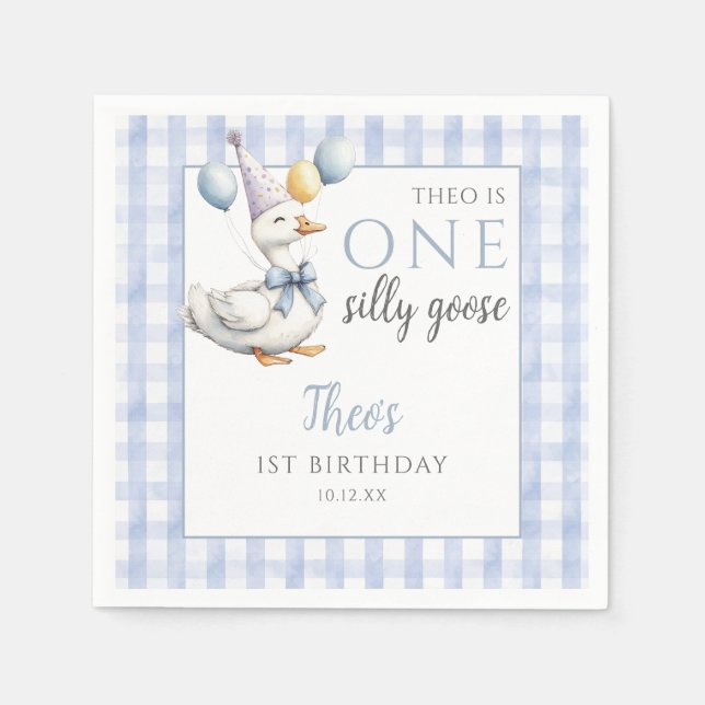 One Silly Goose Blue Gingham Balloons Birthday Napkins (Front)