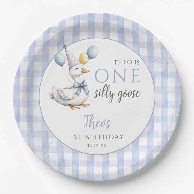One Silly Goose Blue Gingham Balloons Birthday Paper Plates (Front)