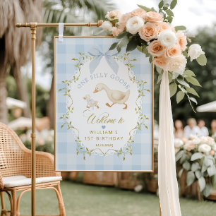 One Silly Goose Blue Gingham Birthday Welcome Foam Board