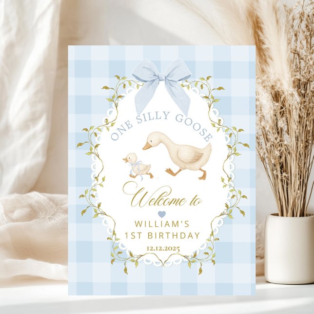 One Silly Goose Blue Gingham Birthday Welcome Poster (Creator Uploaded)