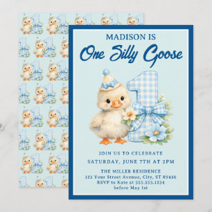 One Silly Goose Blue Gingham Bow 1st Birthday Invitation