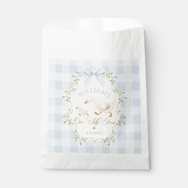 One Silly Goose Blue Gingham Boy 1st Birthday Favor Bag (Front)