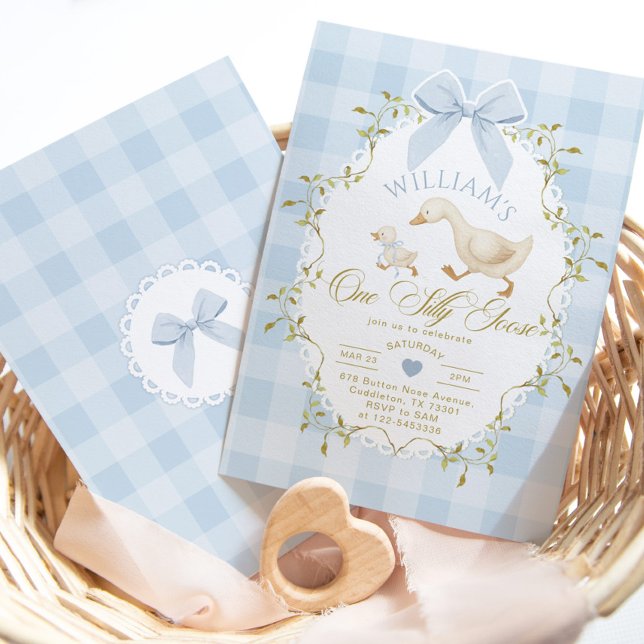 One Silly Goose Blue Gingham Boy 1st Birthday Invitation (Creator Uploaded)
