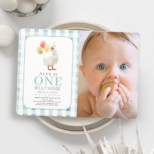 One Silly Goose Blue Gingham Boy 1st Birthday Invitation