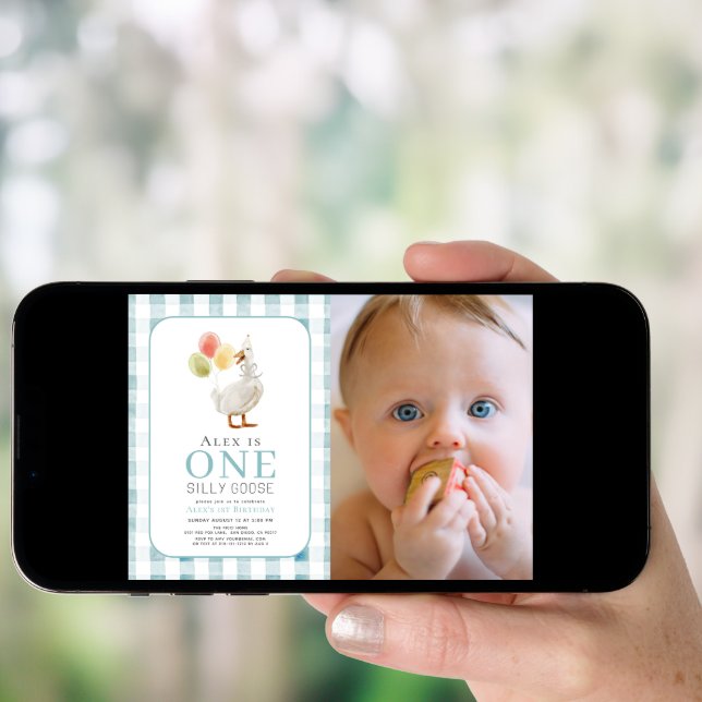 One Silly Goose Blue Gingham Boy 1st Birthday Invitation (Front Digital)