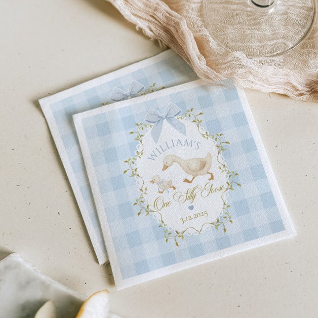 One Silly Goose Blue Gingham Boy 1st Birthday Napkins (Creator Uploaded)
