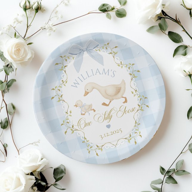 One Silly Goose Blue Gingham Boy 1st Birthday Paper Plates (Creator Uploaded)