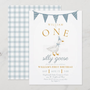 ONE Silly Goose Blue Gingham Boy First Birthday  Invitation