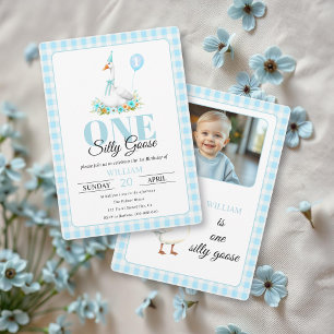 One silly goose, blue gingham boy's 1st birthday  invitation